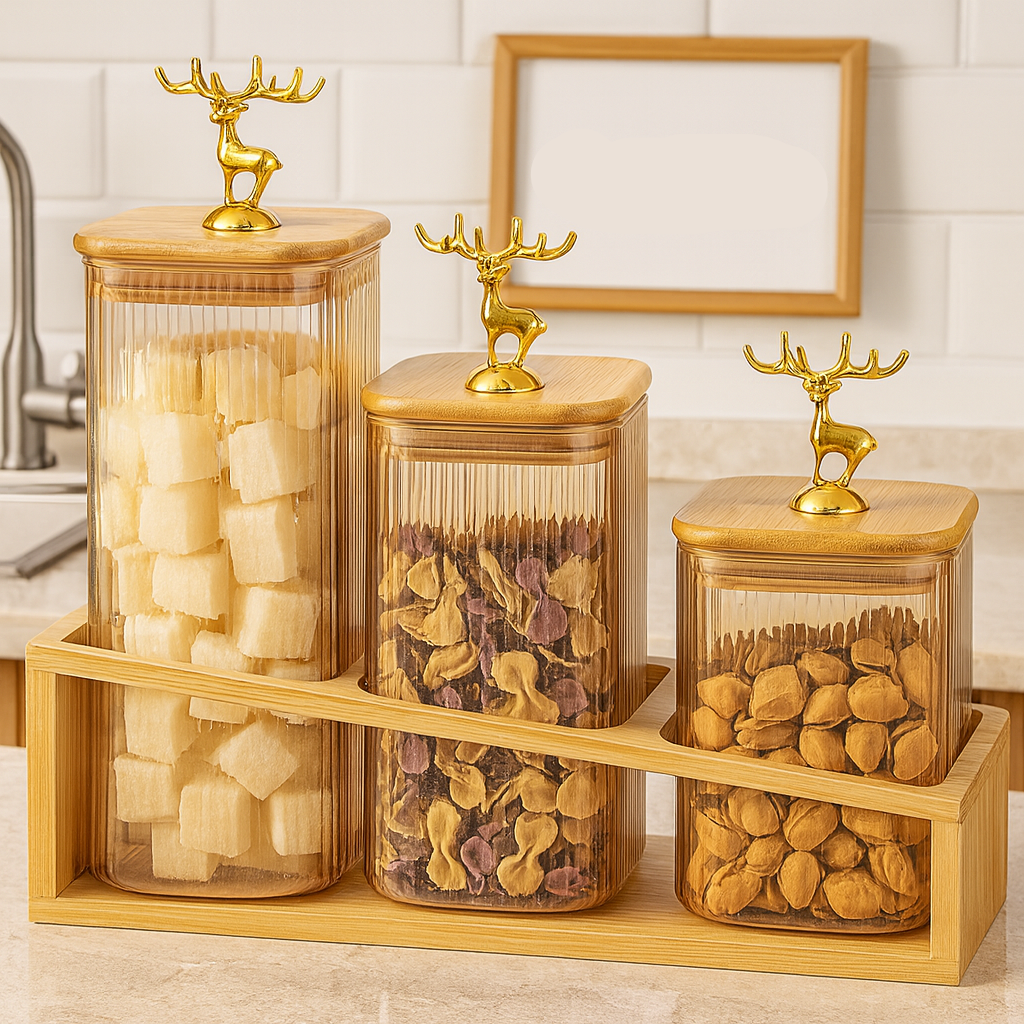 3-Piece Glass Jar Set with Wooden Stand – Elegant Kitchen Storage