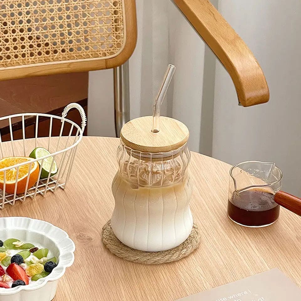 Volcano Glass Mug | Bamboo Lid & Straw – Iced Coffee, Juice & Cocktail Cup