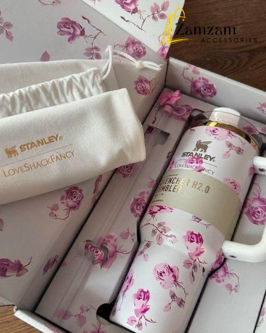 The Stanley X LoveShackFancy Holiday Quencher | 40oz – Ribbon Rosa | Premium Box Pack