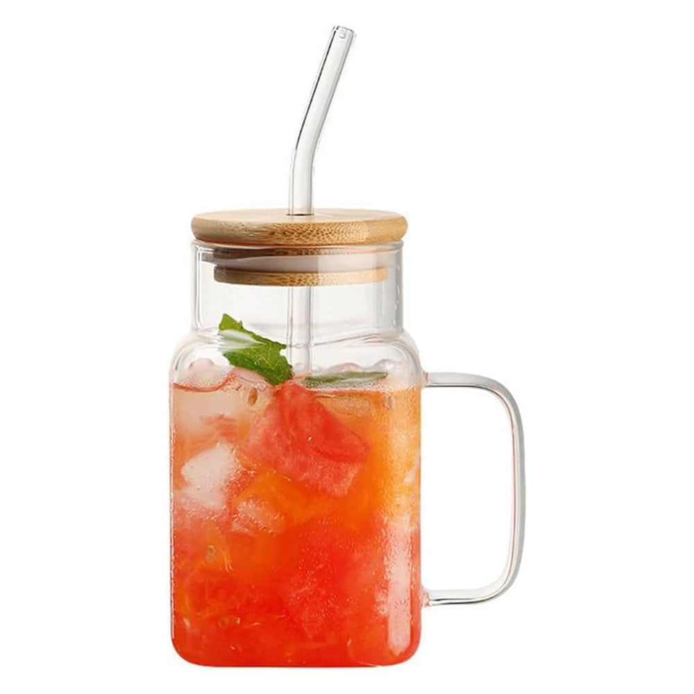 Square Glass Mug with Lid Straw - 550 ML