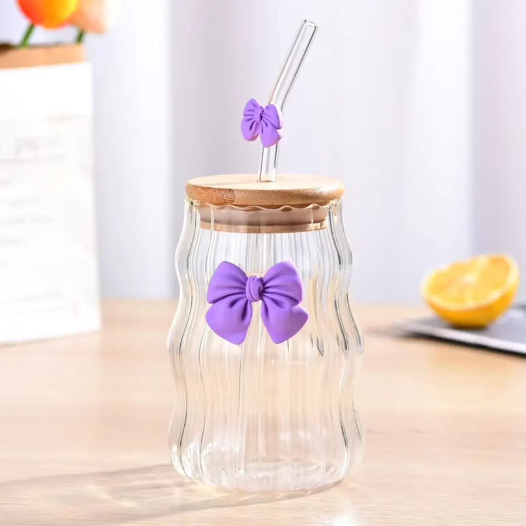 Bow Glass Mug with Wooden Lid & Straw