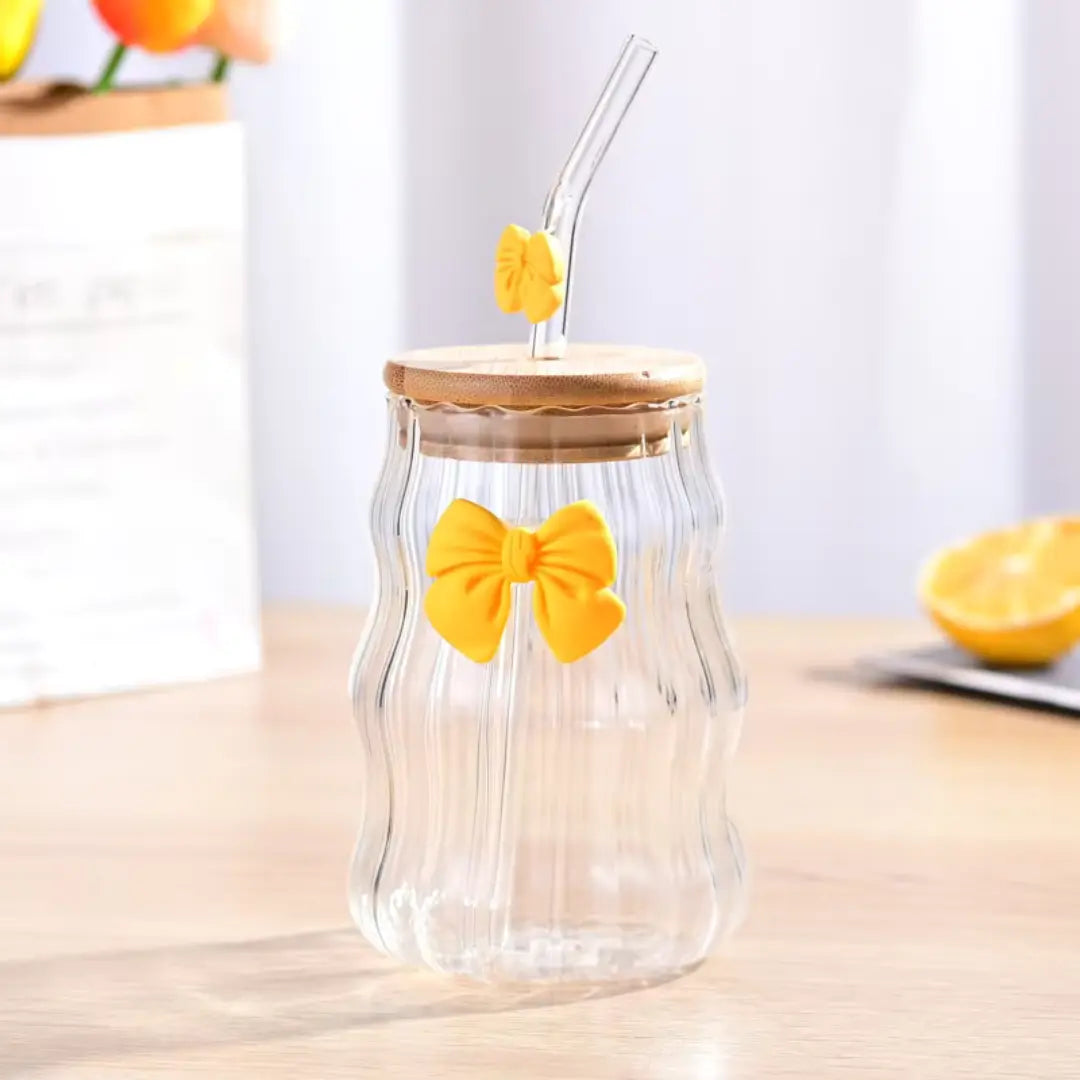 Bow Glass Mug with Wooden Lid & Straw