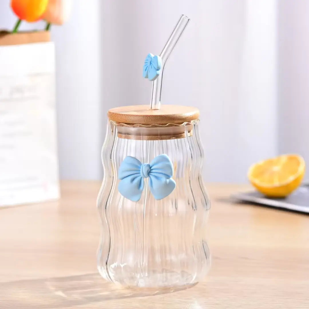 Bow Glass Mug with Wooden Lid & Straw