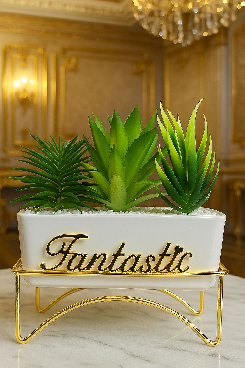 Fantastic Elegance Artificial Succulent Trio with Golden Stand