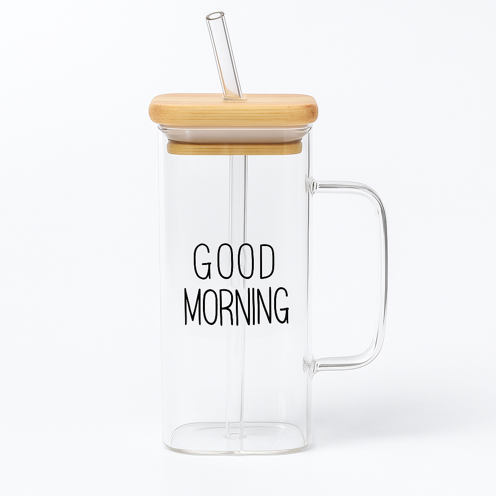 Plain Glass With Handle & Wooden Lid