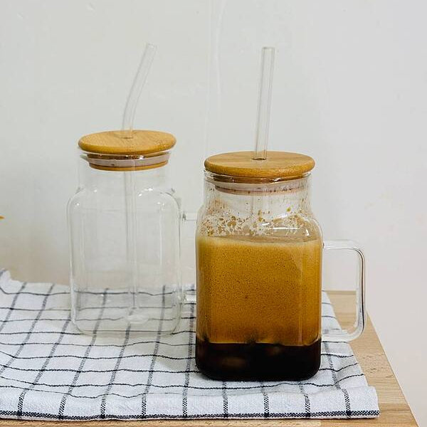 Square Glass Mug with Lid Straw - 550 ML