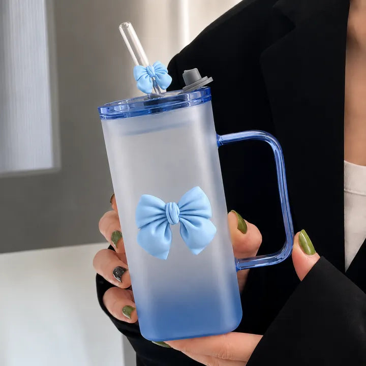 Frosted Glass Mug With Bow | Cute Aesthetic Coffee Mug 350ML