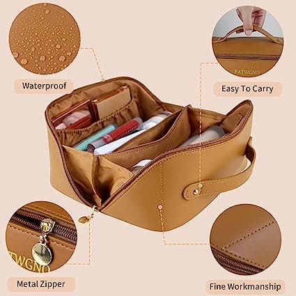 Classy Cosmetic Bag, Portable Leather Makeup Pouch, Waterproof Travel Washbag, Large Opening Makeup Bag, Multifunctional Leather Organizer Bag With Dividers And Handle, Lay Flat Large Opening Makeup Bag