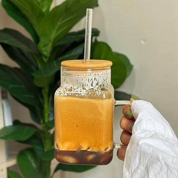 Square Glass Mug with Lid Straw - 550 ML