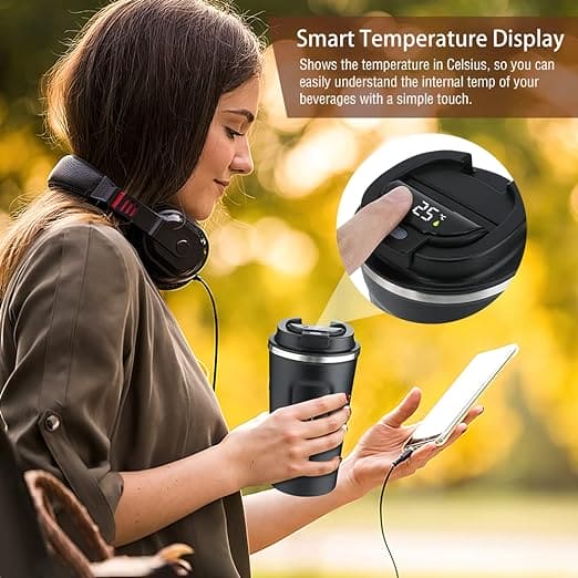 Portable Travel Coffee Mug, Smart Digital Coffee Mug, Temperature Display Coffee Mug, Portable Tumbler Thermos Cup,Car Thermos Coffee Mug Travel Mug with Leak-proof Lid for Coffee, Tea, Cold Beverage, Ice Drinks, Travel Thermal Bottle