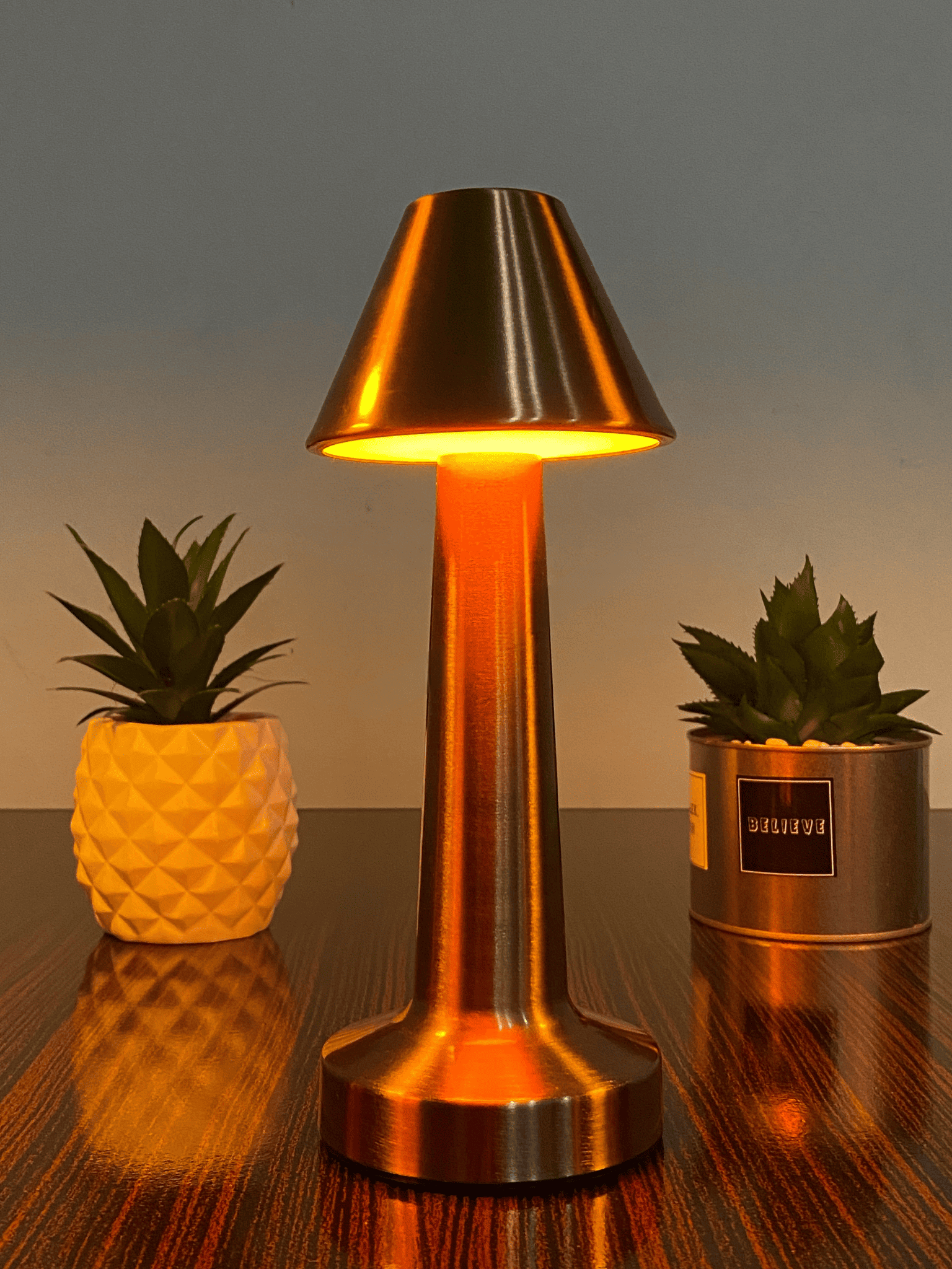 Elegant Copper LED Table Lamp – Rechargeable, Touch Sensor, and Dimmable