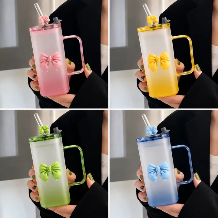 Frosted Glass Mug With Bow | Cute Aesthetic Coffee Mug 350ML