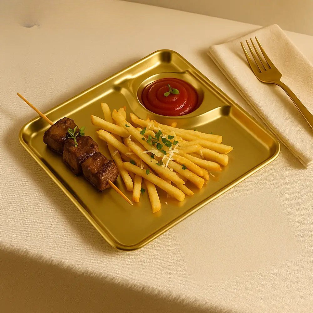 Gold Plated Serving Tray with Sauce Compartment