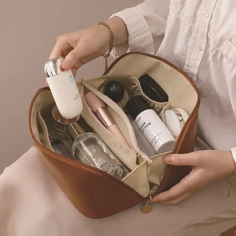 Classy Cosmetic Bag, Portable Leather Makeup Pouch, Waterproof Travel Washbag, Large Opening Makeup Bag, Multifunctional Leather Organizer Bag With Dividers And Handle, Lay Flat Large Opening Makeup Bag