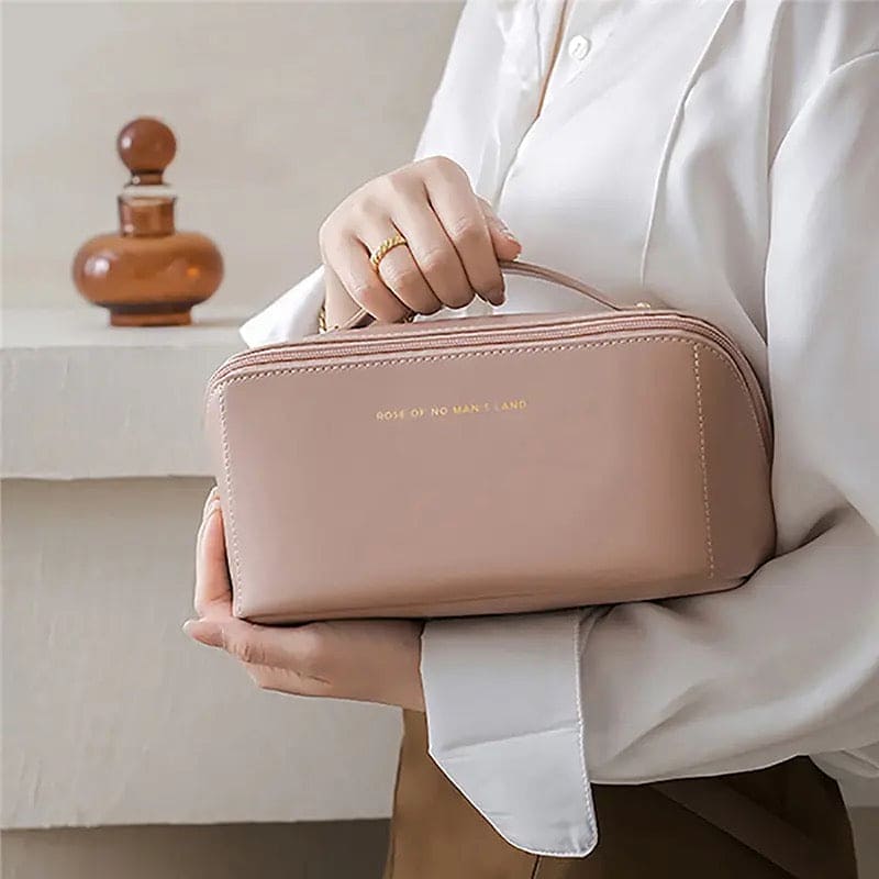 Classy Cosmetic Bag, Portable Leather Makeup Pouch, Waterproof Travel Washbag, Large Opening Makeup Bag, Multifunctional Leather Organizer Bag With Dividers And Handle, Lay Flat Large Opening Makeup Bag
