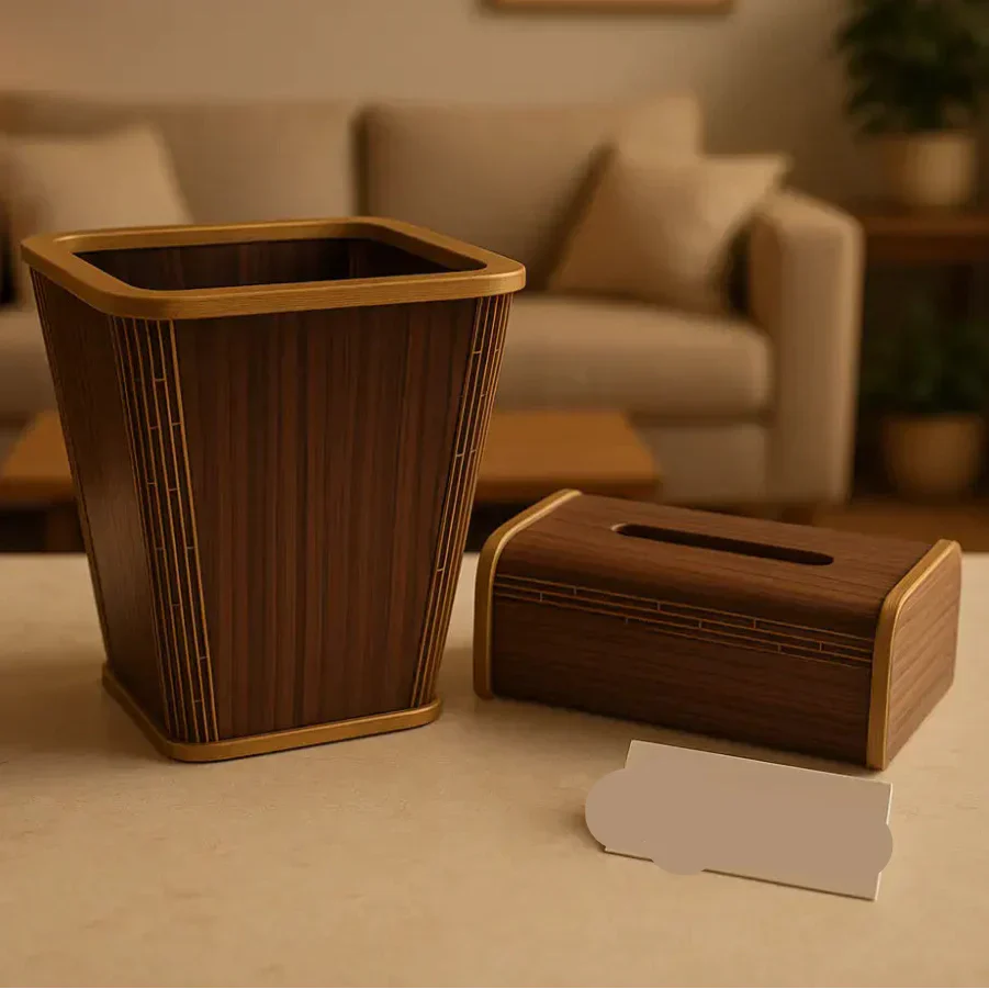 Premium Walnut Wooden Dustbin & Tissue Box Set – Luxury Golden Accents