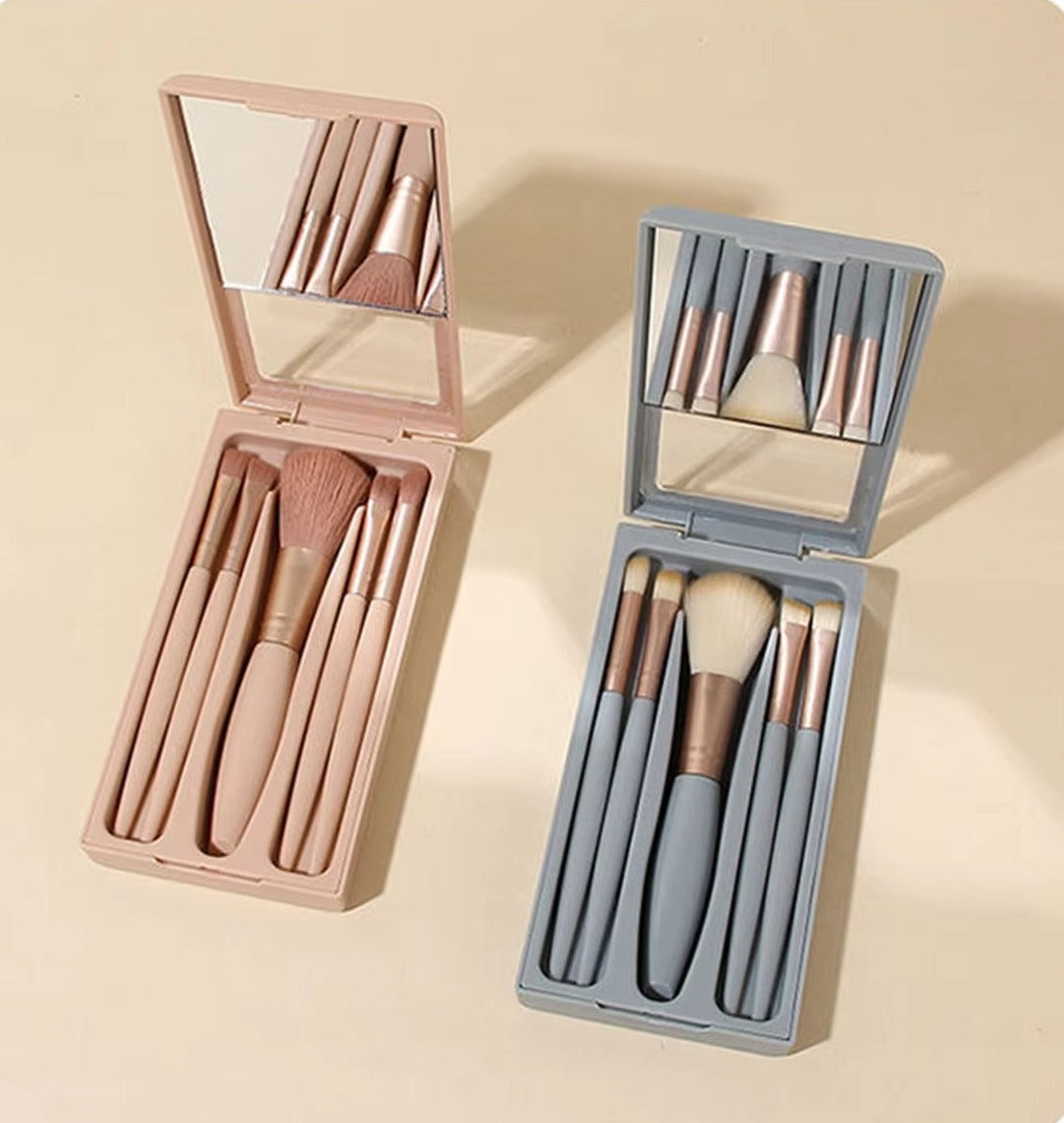 5-Piece Mini Makeup Brush Set with Mirror & Protective Case